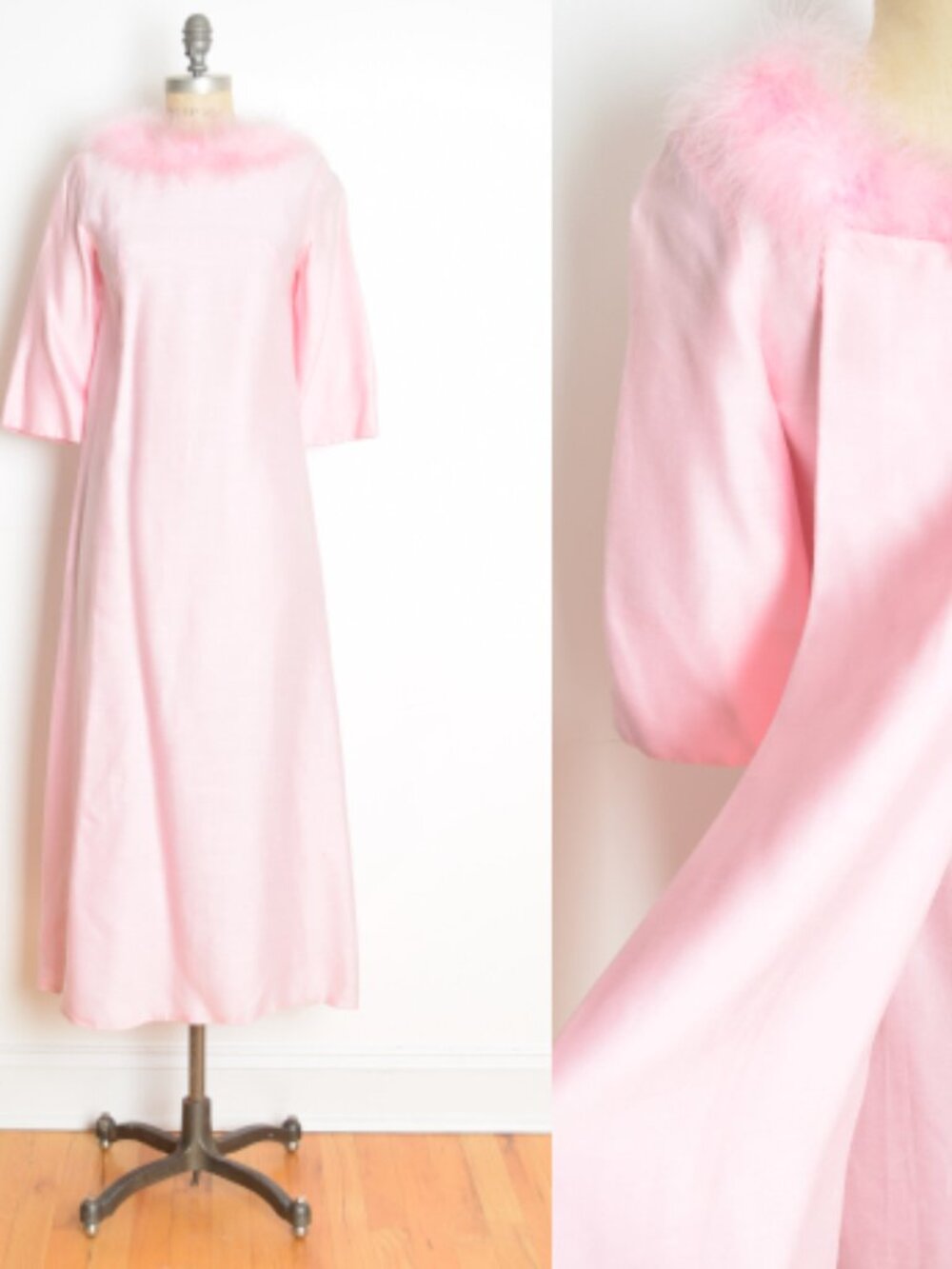 vintage 60s hostess dress pink marabou feather watteau train long maxi gown S